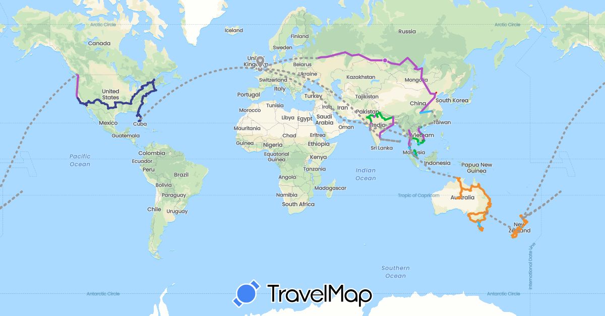 TravelMap itinerary: driving, bus, plane, cycling, train, boat, motorbike, camel, taxi/car, campervans australia & new zealand, n.america car in United Arab Emirates, Australia, Bangladesh, Canada, Cook Islands, China, United Kingdom, Indonesia, India, Cambodia, Malaysia, New Zealand, Russia, Singapore, Thailand, United States, Vietnam (Asia, Europe, North America, Oceania)