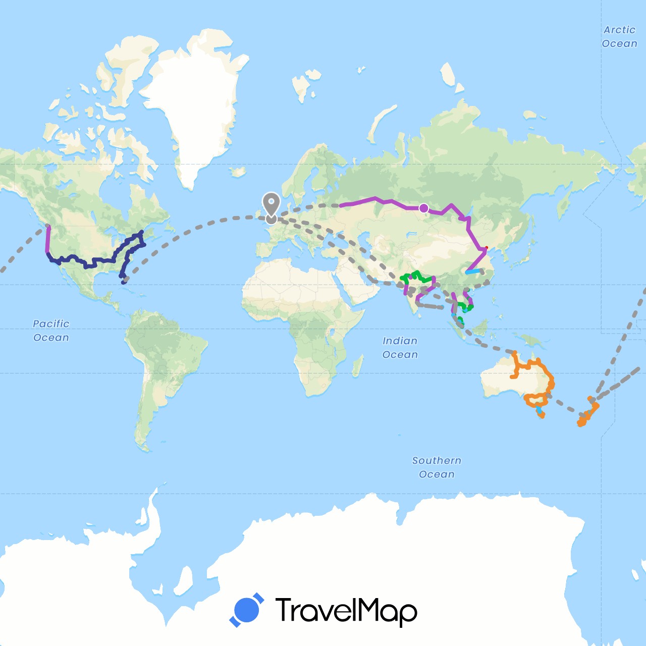 TravelMap itinerary: driving, bus, plane, cycling, train, boat, motorbike, camel, taxi/car, campervans australia & new zealand, n.america car in United Arab Emirates, Australia, Bangladesh, Canada, Cook Islands, China, United Kingdom, Indonesia, India, Cambodia, Malaysia, New Zealand, Russia, Singapore, Thailand, United States, Vietnam (Asia, Europe, North America, Oceania)